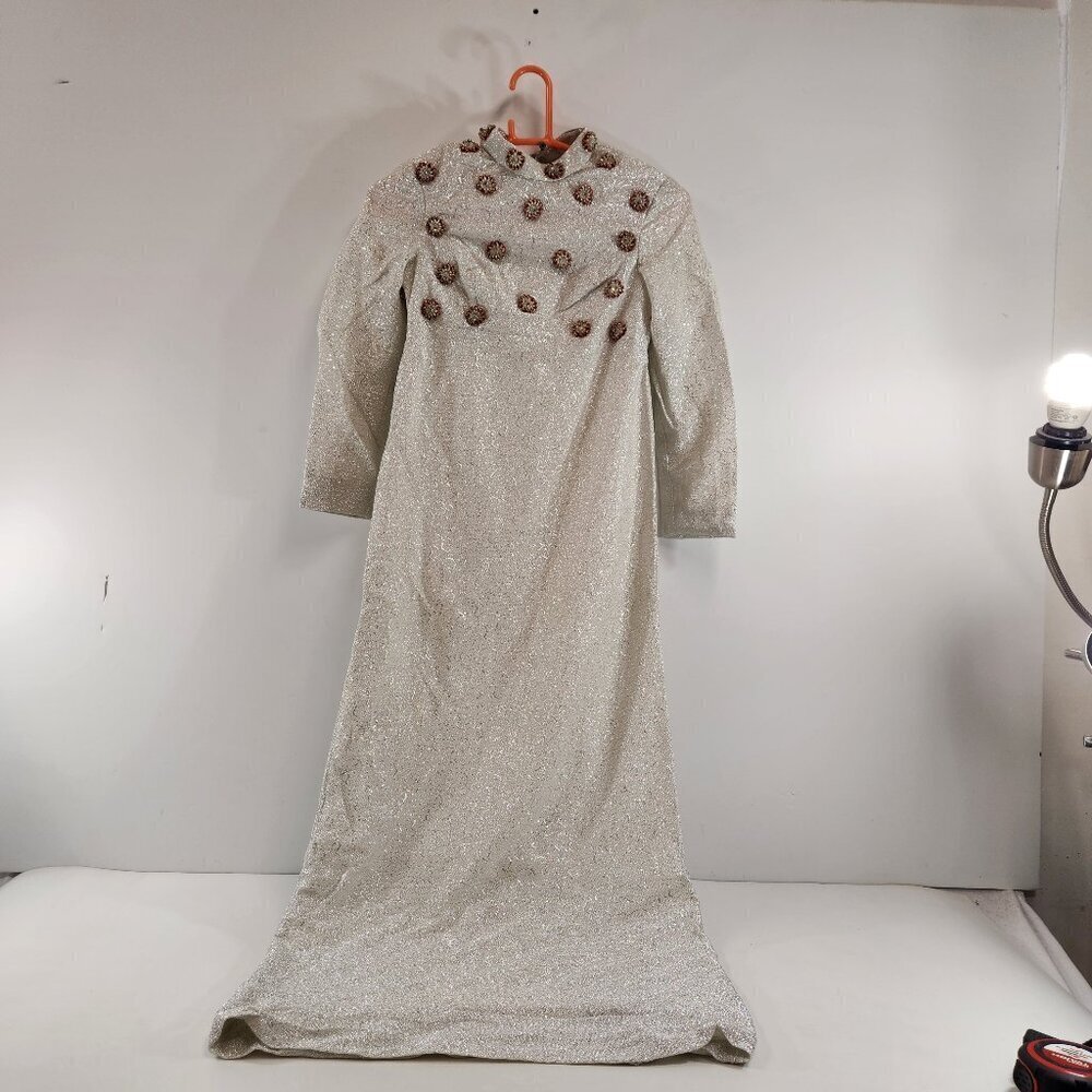 Sparkly Silver Holiday Dress Vintage Red Button Details Christmas Party Baubles